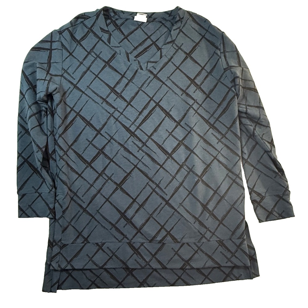 Chico's Geometric Shirt Womens M Blue Long Sleeve Zenergy Dark Academia Preppy